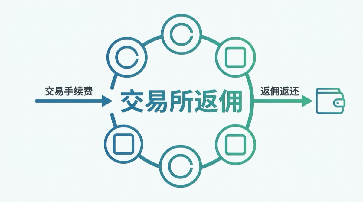 交易所返佣概念示意图-展示交易手续费到返佣返还的资金流向